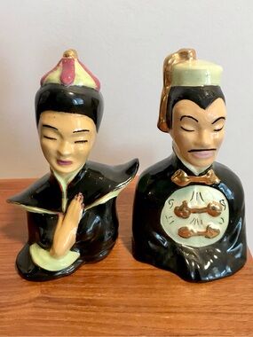 Vintage 1951 Asian Couple Bust Figurines Pair 6” Ceramic Mid Century Gold Decor